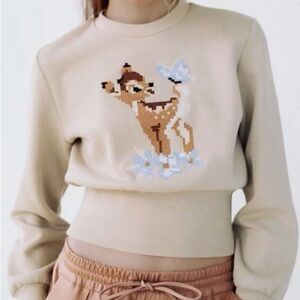 Zara x Disney collab Beige Sweater with Deer and Butterfly Design embroidered